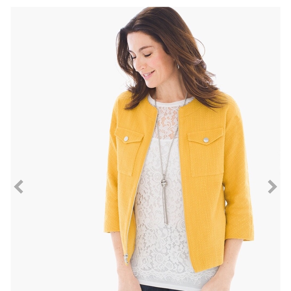 Chico’s Women’s Textured Swing Jacket Deep Yellow with two Snap Pockets. Size 1
